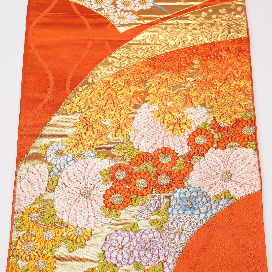袋帯 帯丈420cm 六通 菊 紅葉 立涌 フォーマル 朱系 正絹 Aランク 1223-01195