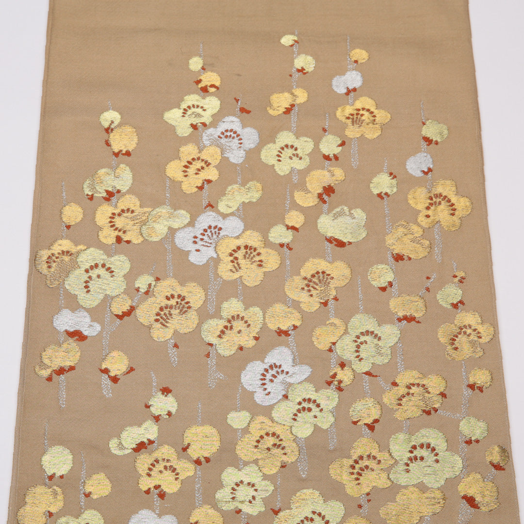 アンティーク 袋帯 帯丈392cm 六通 金銀糸 梅 セミフォーマル ベージュ系 正絹 Cランク 1223-01119