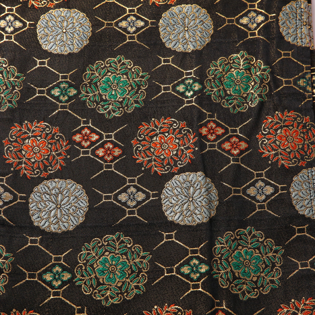 アンティーク 袋帯 帯丈456cm 全通 Bランク 正絹 花菱 菊 黒系 1223-01852