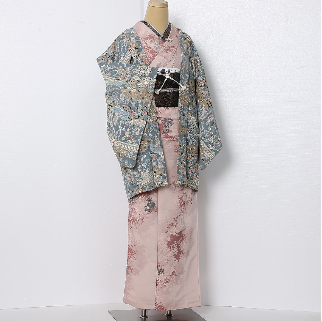 羽織 袷 身丈82cm 裄丈63cm 正絹 Sランク カジュアル Sサイズ 紐あり 御所解 水色系 RP 1232-12893