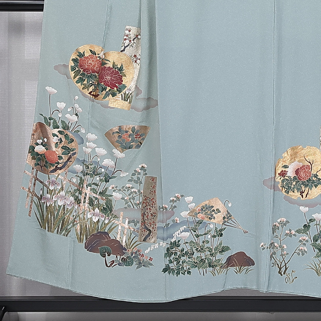 色留袖 身丈153cm 裄丈66.5cm 袷 一つ紋 三つ柏 正絹 Aランク 広衿 金箔 牡丹 桜 1211-F0415