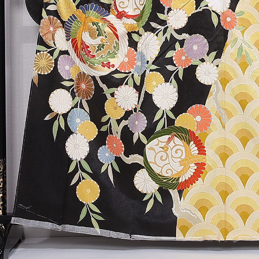 アンティーク 振袖 身丈161cm 裄丈63.5cm 袷 正絹 Aランク 広衿 青海波 菊 金駒刺繍 尾長鳥 1213-F0397