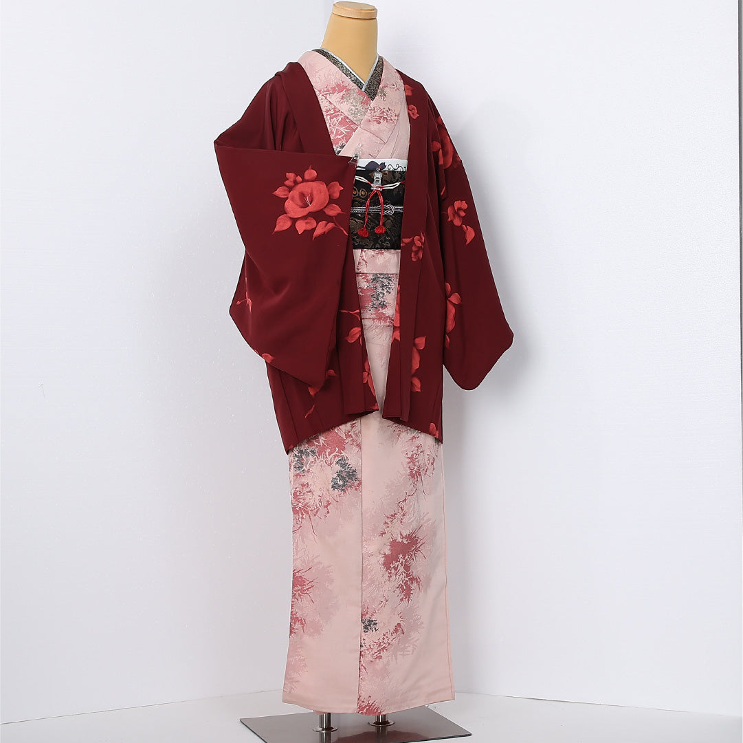 羽織 袷 身丈80cm 裄丈64cm 正絹 Aランク カジュアル Mサイズ 紐あり 花柄 赤系 M4 1232-12613