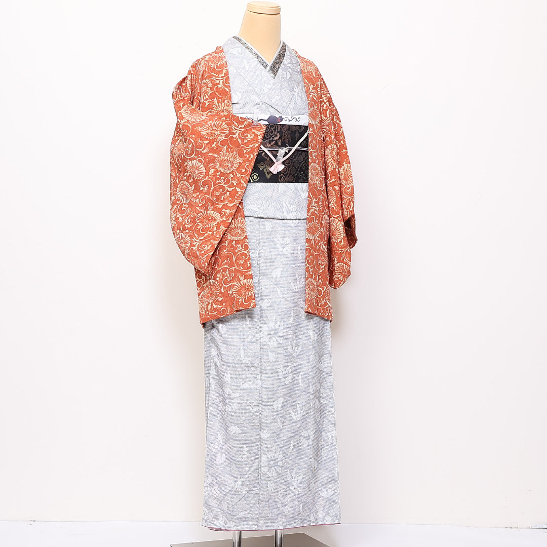 羽織 身丈77cm 裄丈62cm S 正絹 唐菊 朱系 Sランク 1217-00834