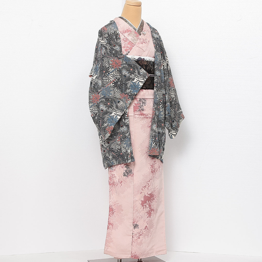 羽織 袷 身丈84cm 裄丈64cm 正絹 Aランク カジュアル Mサイズ 菊 孔雀の羽 グレー系 HP 1232-13882