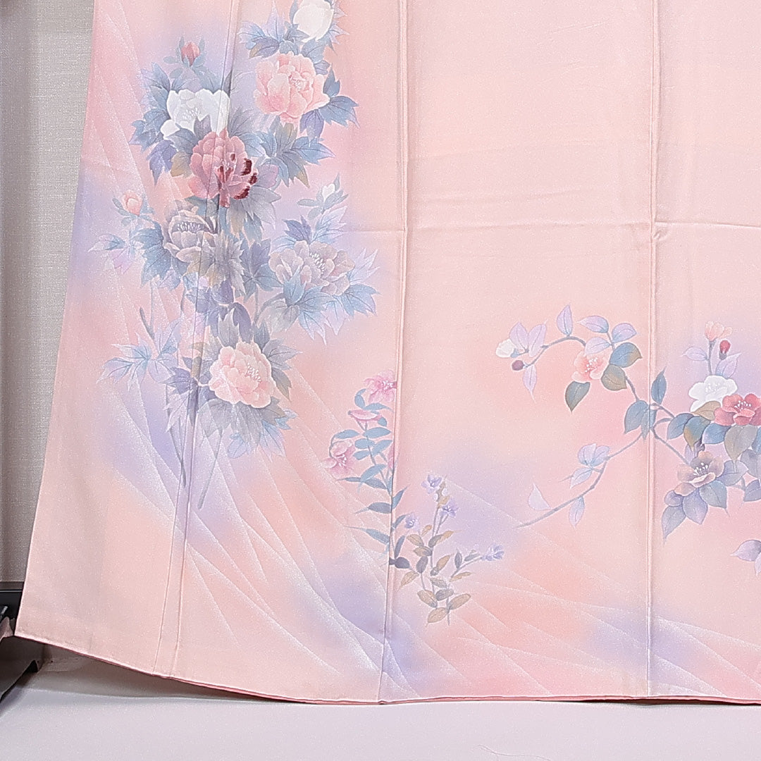 訪問着 身丈164cm 裄丈64cm L 正絹 Aランク 袷 広衿 刺繍 牡丹 椿 1212-10222