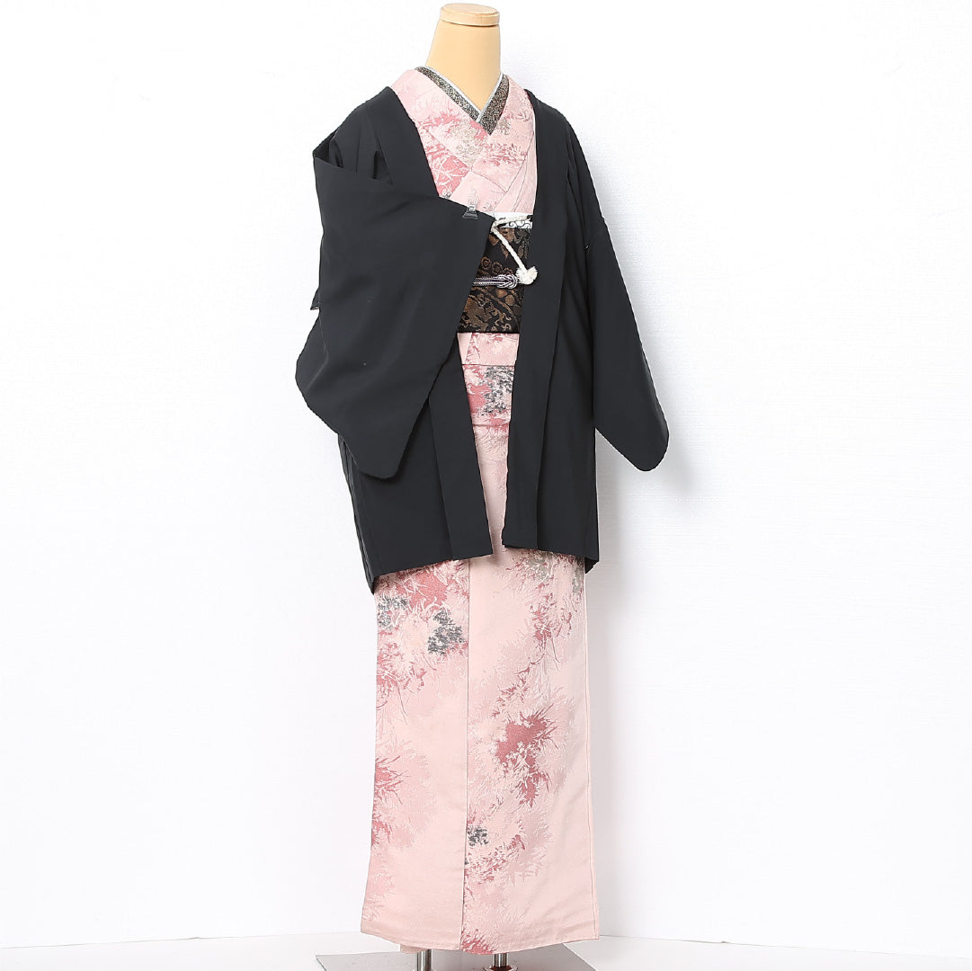 黒羽織 袷 身丈79cm 裄丈60cm 正絹 Bランク インフォーマル Sサイズ 紐あり 風景柄 黒系 RP 1233-12734