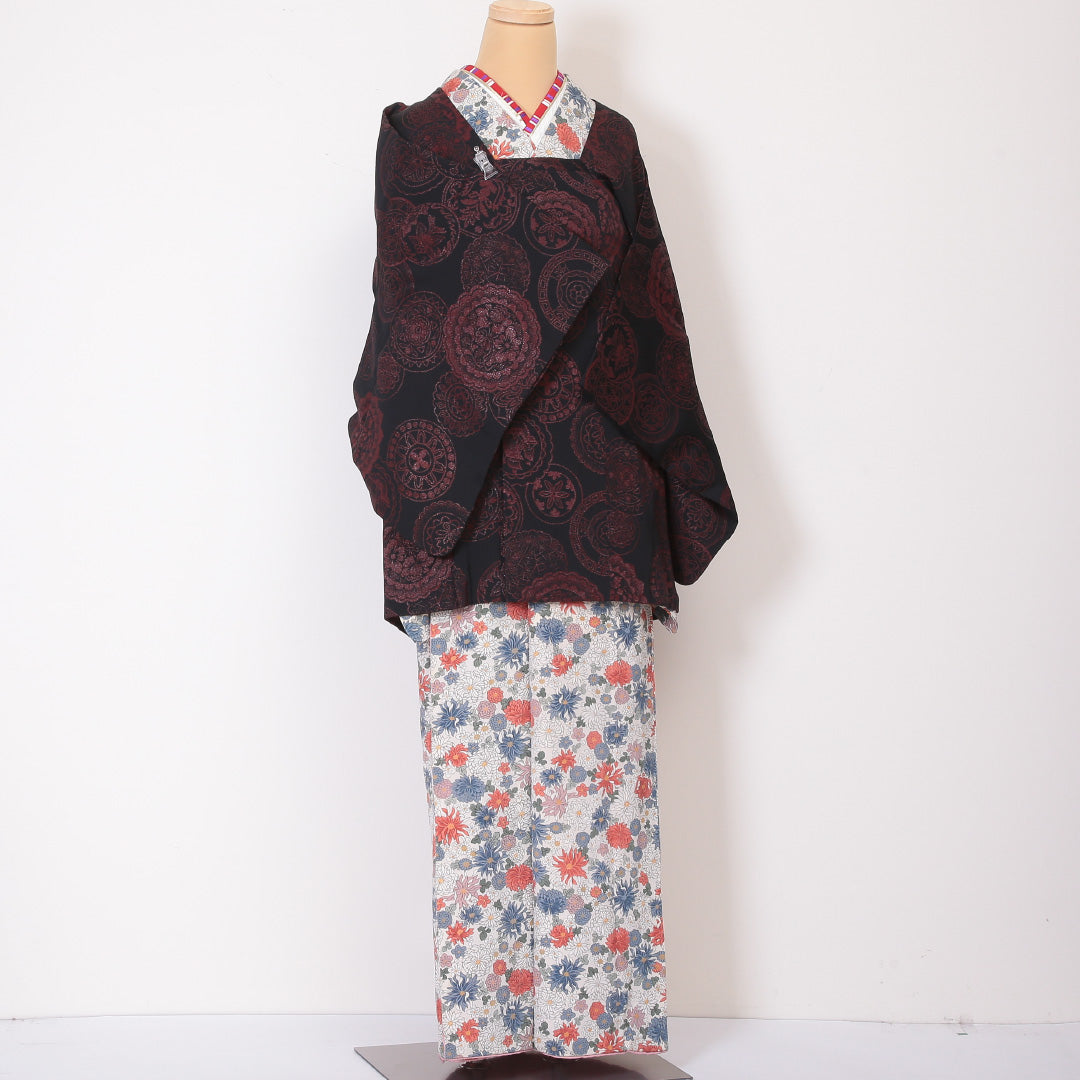 道行コート 袷 身丈83cm 裄丈64cm 正絹 Sランク インフォーマル Mサイズ 花柄 黒系 RP 1237-05763