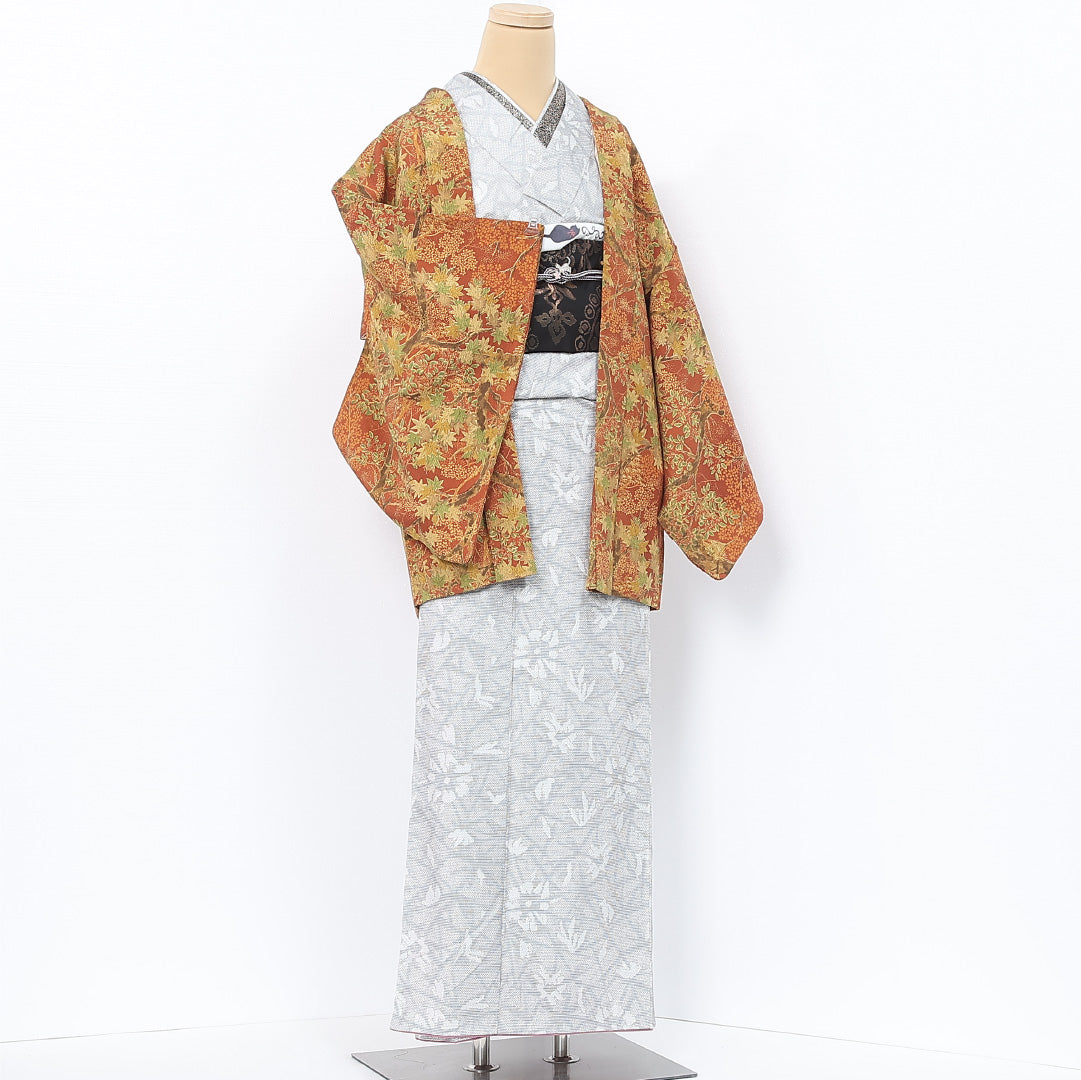 羽織 袷 身丈75cm 裄丈64cm 正絹 Sランク カジュアル Mサイズ 桜 紅葉 南天 朱系 RP 1232-12090
