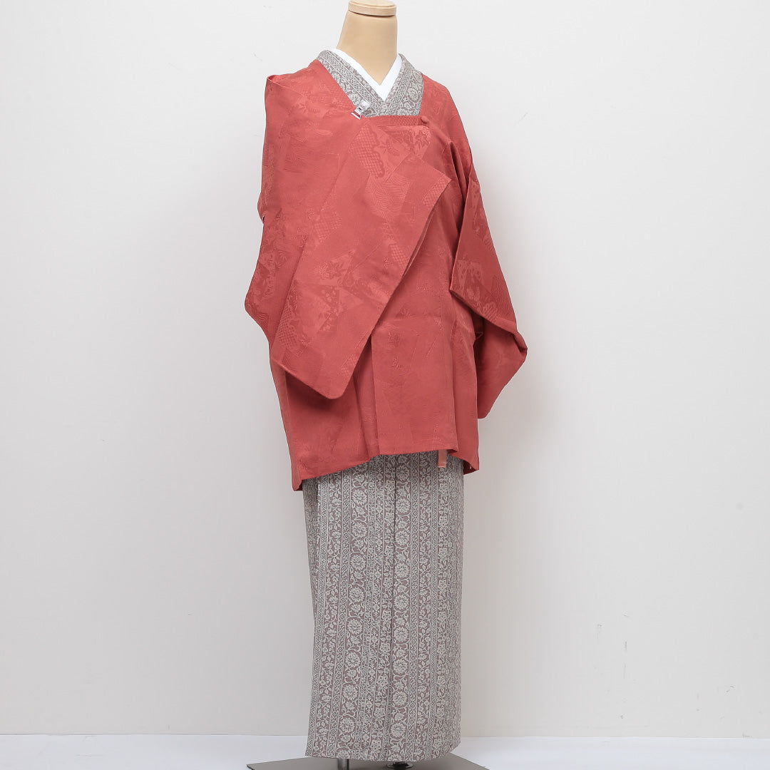 道行コート 袷 身丈85cm 裄丈63cm 正絹 Sランク セミフォーマル Sサイズ 無地 朱系 RP 1237-05704