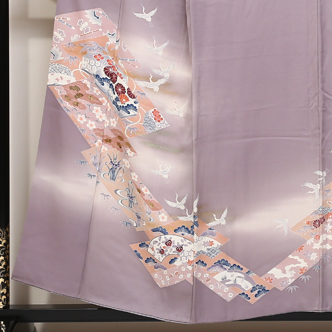 訪問着 袷 身丈154cm 裄丈63cm 正絹 Aランク セミフォーマル 広衿 Sサイズ ぼかし染 金彩 鶴 吉祥文様 紫系 RP 1217-04408