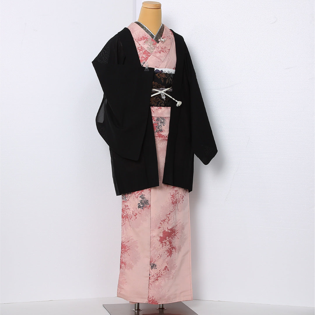 夏物 黒羽織 絽 身丈81cm 裄丈65cm 正絹 Sランク 一つ紋 (木瓜) セミフォーマル Mサイズ 紐あり 無地 黒系 RP 1233-12921