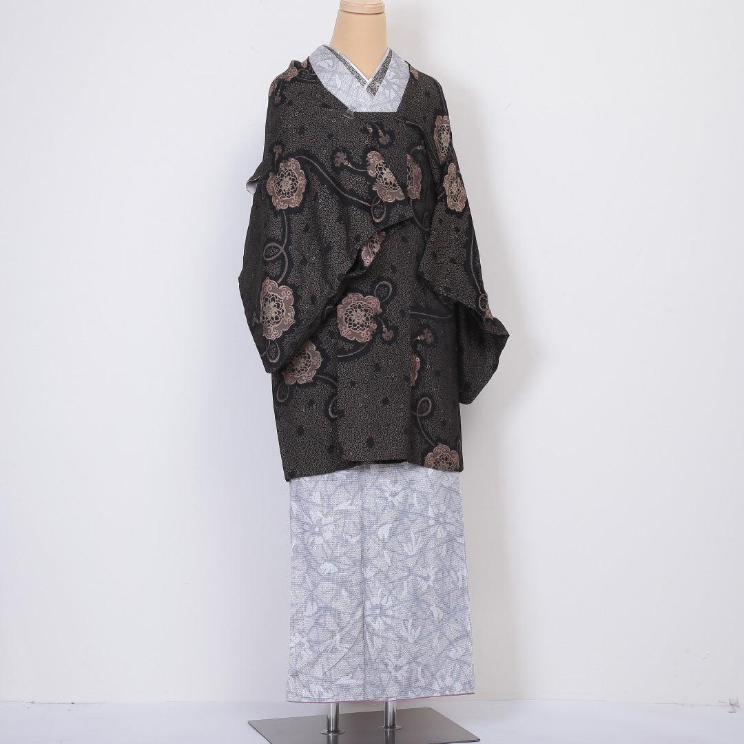 アンティーク 道行コート 袷 身丈90cm 裄丈63cm 正絹 Aランク Sサイズ 宝相華 組紐 茶系 RP 1237-05910