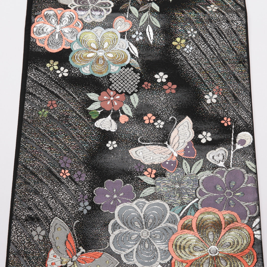 袋帯 帯丈432cm Sランク 六通 正絹 桜 蝶 黒系 蝶 1223-01370