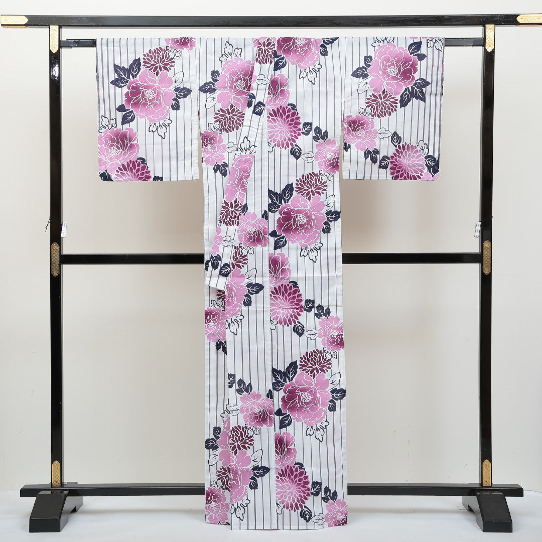 新品 浴衣 身丈163cm 裄丈67cm 木綿 洗える着物 牡丹 菊 Nランク 1218-00043