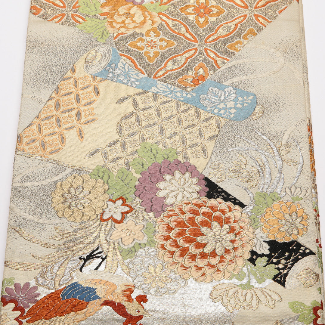 アンティーク 丸帯 帯丈412cm 正絹 全通 唐織 鳳凰 花鳥文 クリーム系 1242-01376