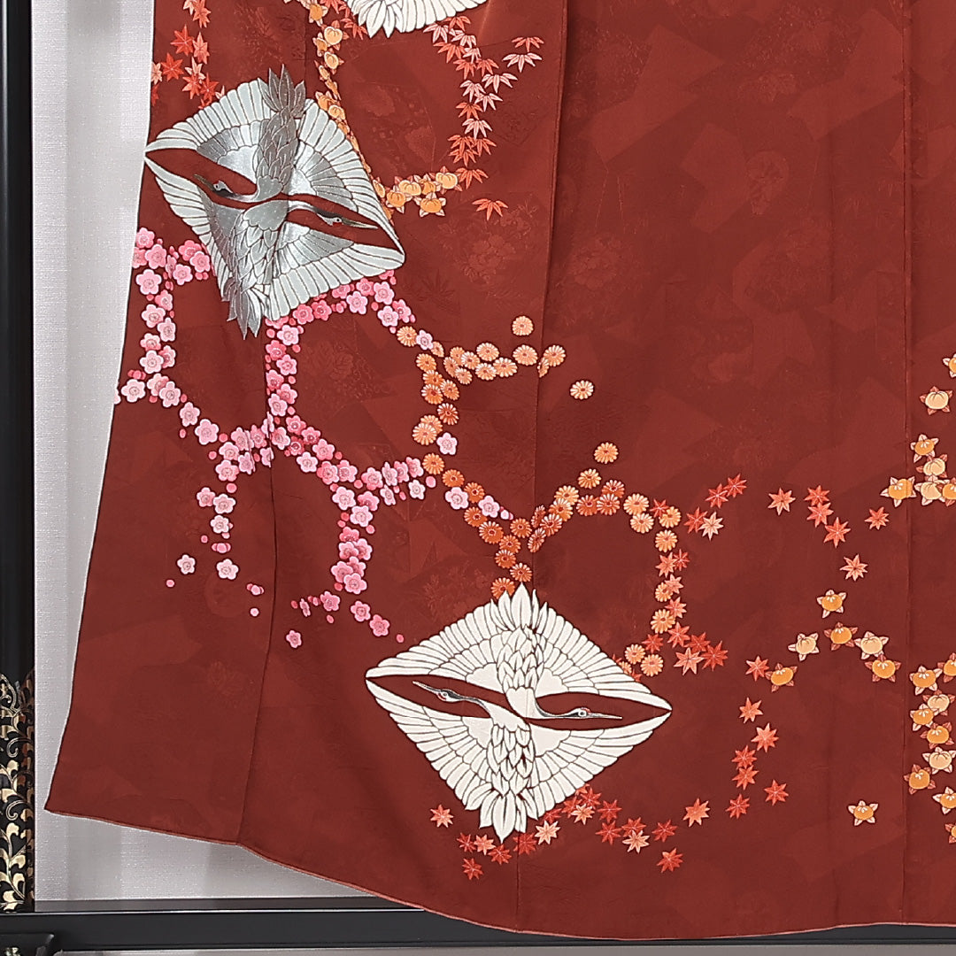 アンティーク 錦紗 色留袖 一つ紋 蔦 身丈154cm 裄丈65cm Aランク 正絹 袷 バチ衿 S 刺繍 向かい鳥 梅 紅葉 古典的 格調高い 赤系 1211-F0510