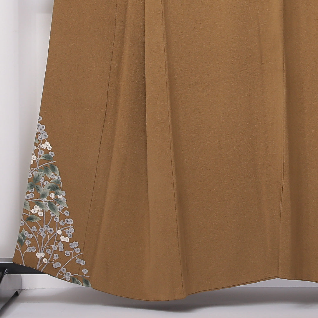 付下げ 袷 身丈159cm 裄丈67cm 正絹 Bランク Mサイズ 広衿 三つ紋(三つ巴) フォーマル 団栗色 植物柄 茶系 1261-04614