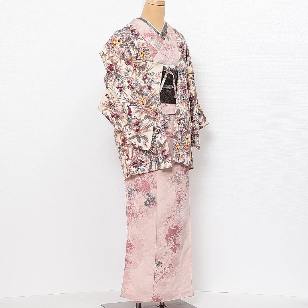 羽織 袷 身丈73cm 裄丈63cm 正絹 Cランク カジュアル Sサイズ 紐あり 植物柄 クリーム系 HP 1232-13727