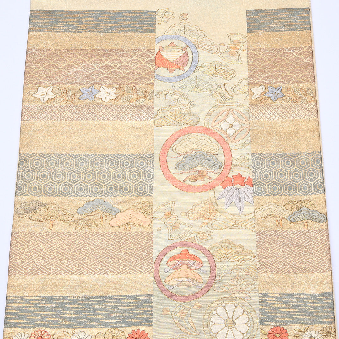 袋帯 帯丈430cm ポイント柄 吉祥文様 古典柄 家紋柄 フォーマル クリーム系 正絹 Aランク 1223-00079