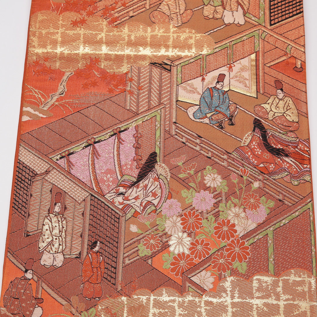 袋帯 帯丈420cm 正絹 六通 フォーマル 平安絵巻 雲取り 金系 朱系 1243-01169
