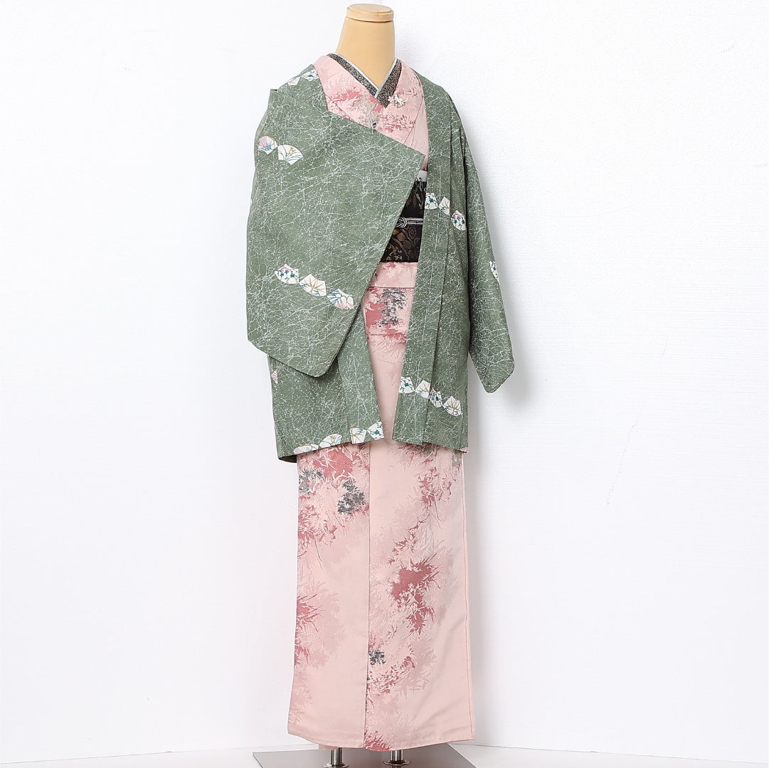 洗える着物 羽織 袷 身丈81cm 裄丈64cm ポリエステル Aランク カジュアル Mサイズ 扇 松竹梅 緑系 HP 1232-12796