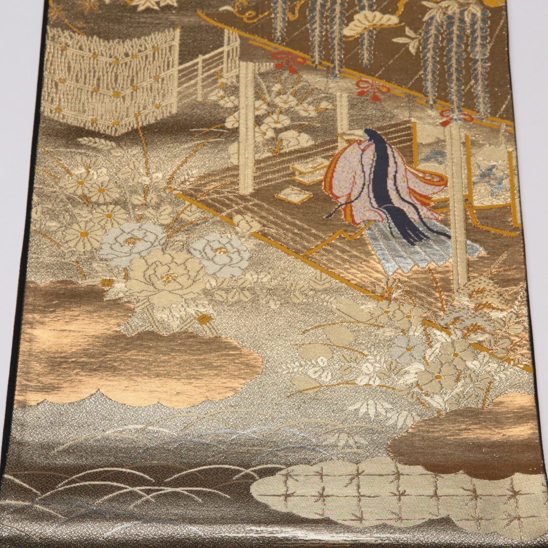 本金箔二重引錦 袋帯 帯丈428cm 六通 源氏物語 フォーマル 金系 正絹 尾島産業謹製 Sランク 1223-01139