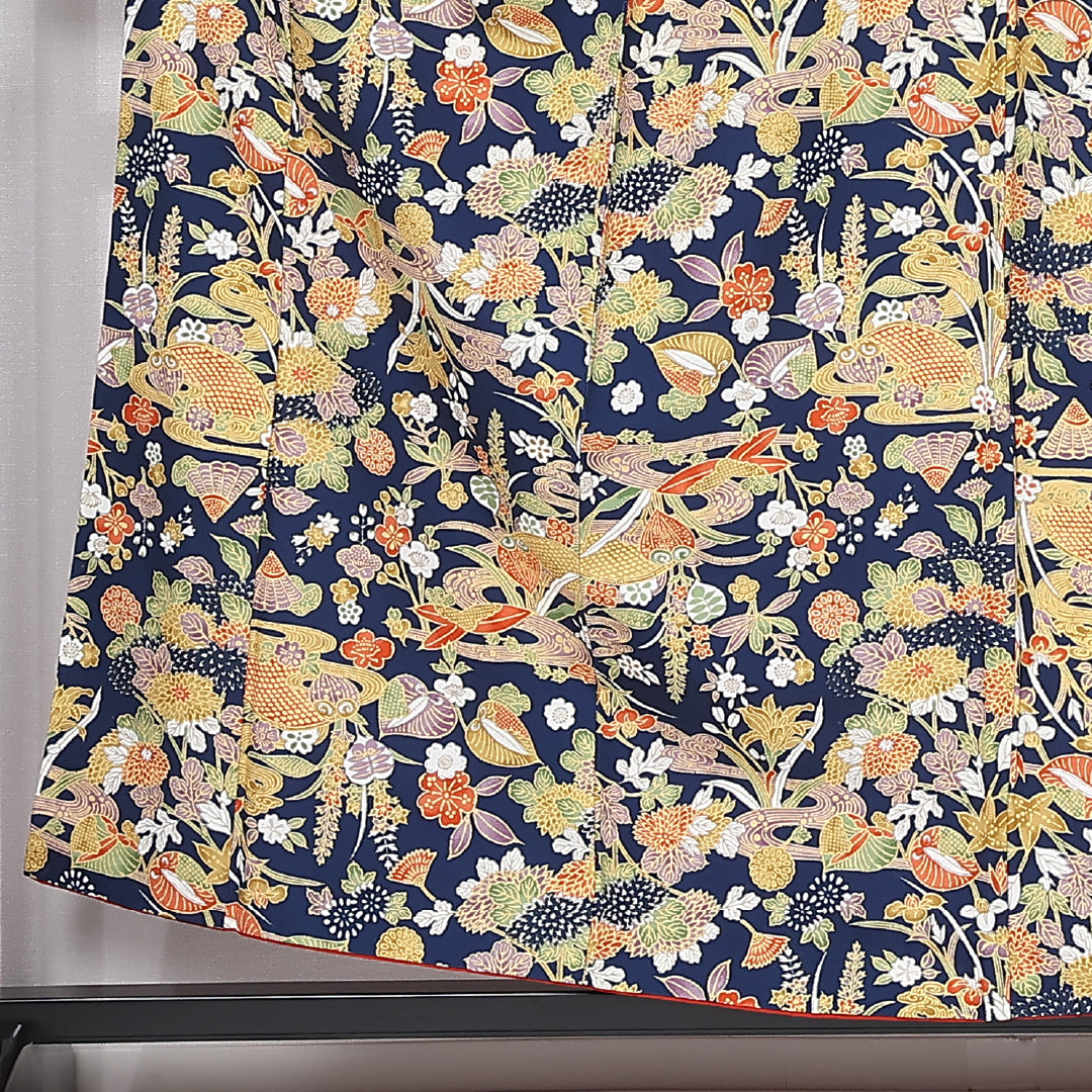 小紋 身丈155cm 裄丈66cm Aランク M 正絹 袷 バチ衿 吉祥文様 花柄 植物柄 京紅型 カジュアル 紺系 1215-12032