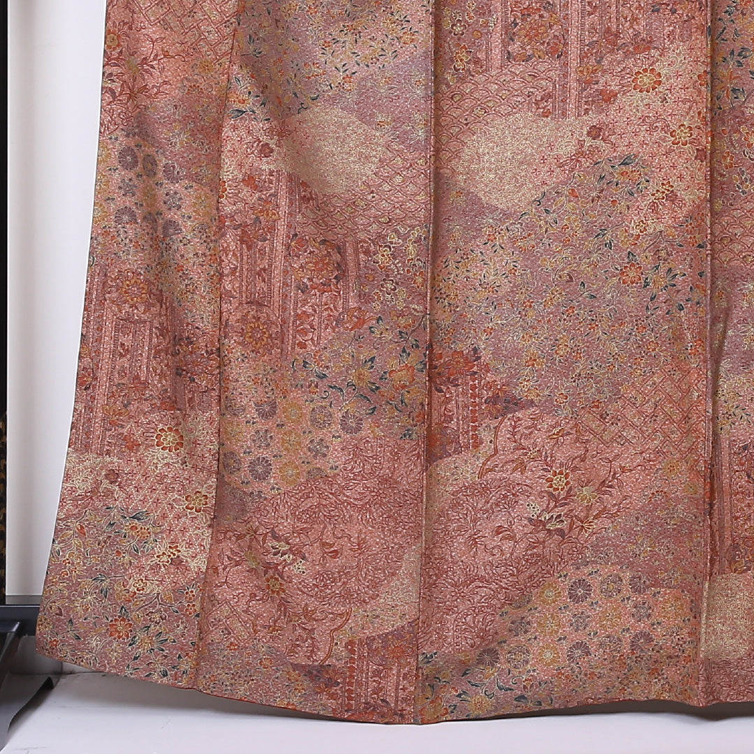 小紋 (錦紗) 袷 身丈165cm 裄丈66cm 正絹 Aランク 広衿 XLサイズ 更紗 茶系 SR 1221-01910