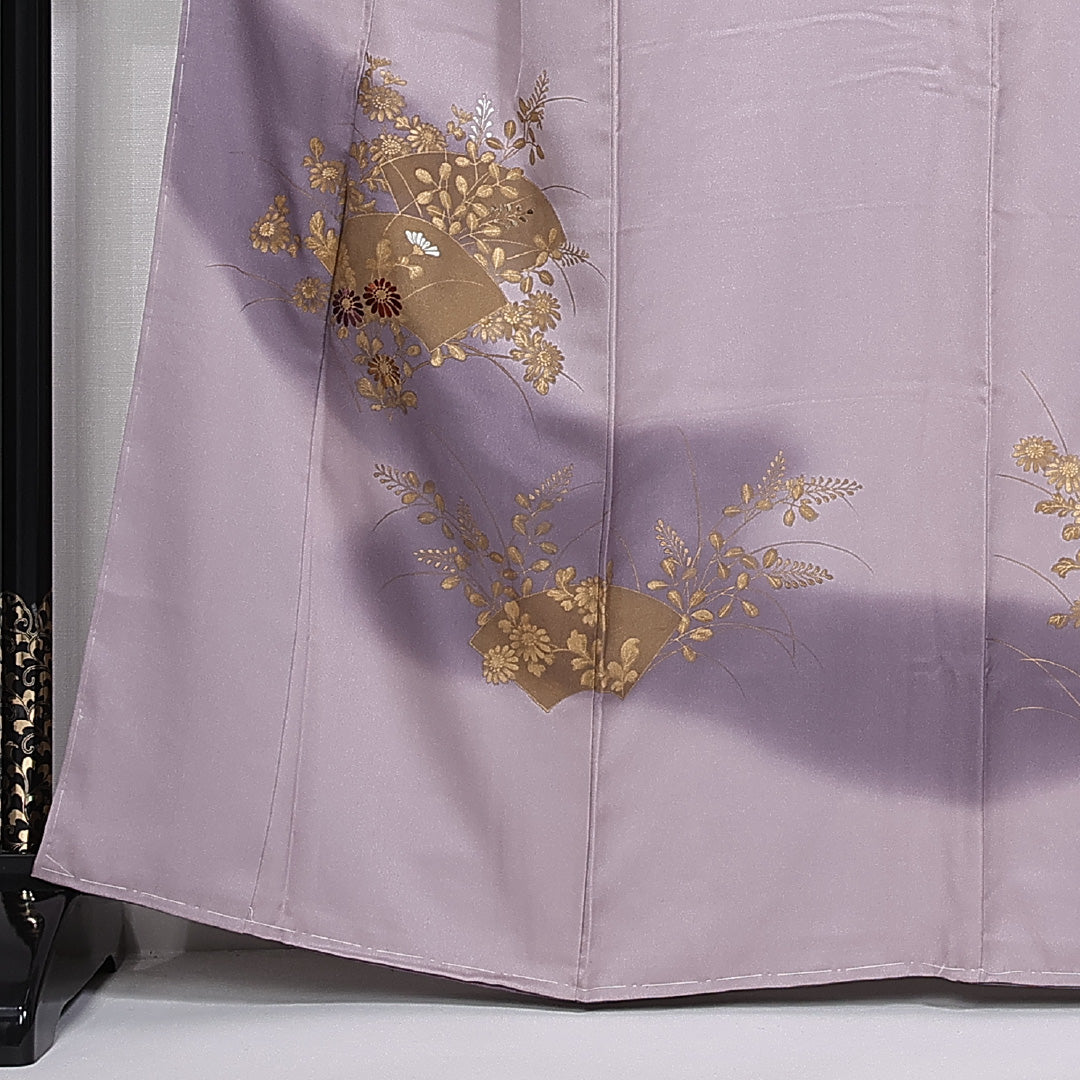 訪問着 身丈161cm 裄丈63.5cm 正絹 Sランク 袷 広衿 金彩 檜扇 菊 萩 刺繍 ぼかし しつけ糸 1212-10387