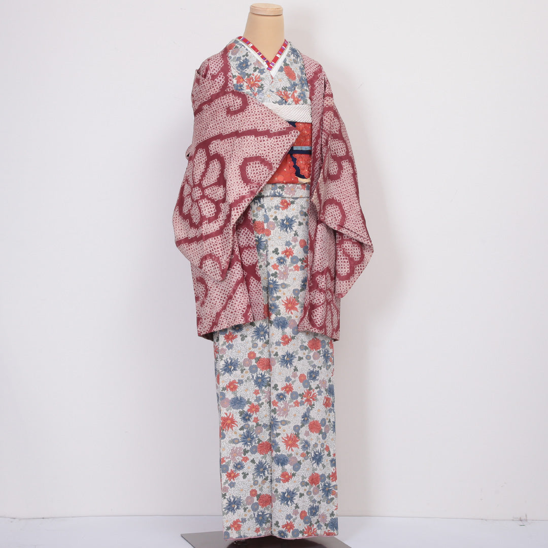 羽織 袷 身丈83cm 裄丈62cm 正絹 Aランク カジュアル Sサイズ 唐草 鹿の子柄 クリーム系 HP 1232-05810
