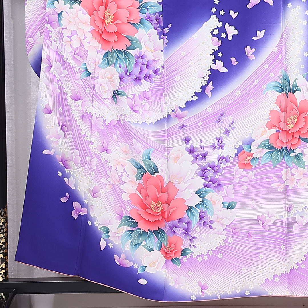 振袖 身丈157cm 裄丈63cm Cランク 袷 正絹 L 広衿 エレガント 牡丹 花柄 友禅 紫系 1213-F0440