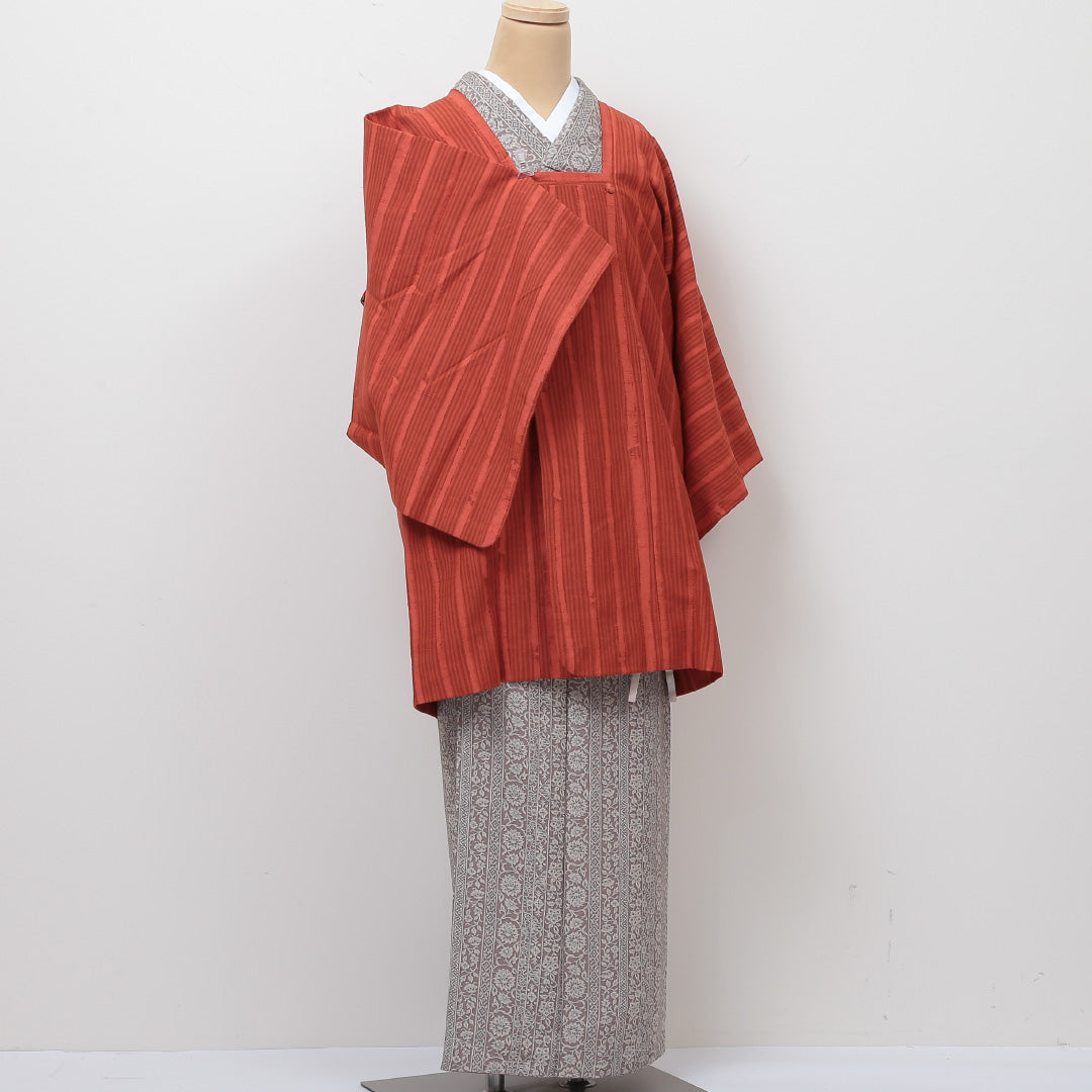 道行コート 身丈88cm 裄丈64.5cm M 正絹 紬 赤系 Sランク 1217-00363