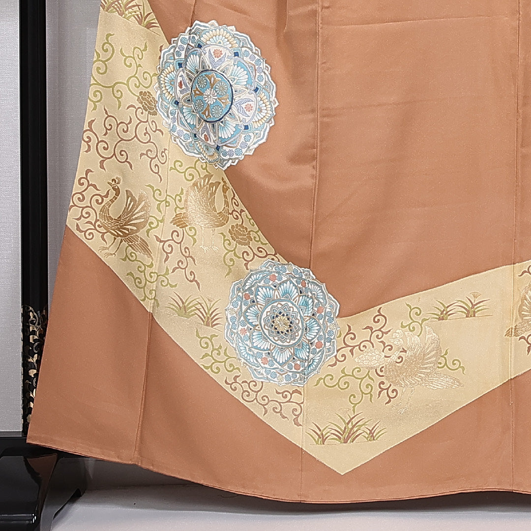 色留袖 身丈162cm 裄丈64cm 袷 三つ紋 五三桐 正絹 Aランク 広衿 宝相華 金駒刺繡 鳳凰 1211-F0359