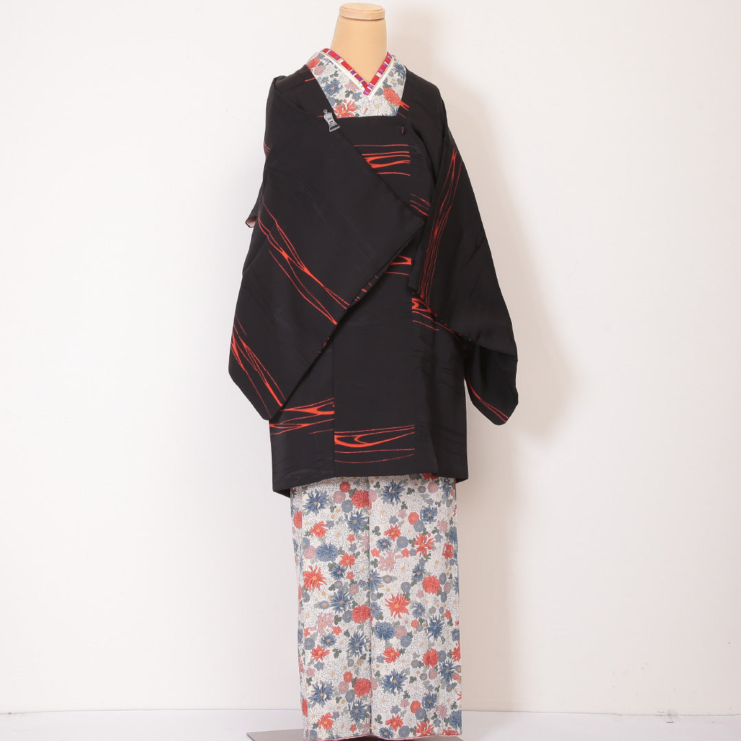 道行コート 身丈90cm 裄丈66cm 正絹 Sランク M 黒系 1217-00471