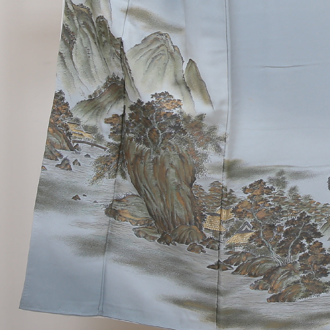 色留袖 五つ紋 丸に花菱 身丈151cm 裄丈66.5cm Cランク 正絹 袷 広衿 S 山水 丸に花菱 フォーマル 青系 1211-F0174