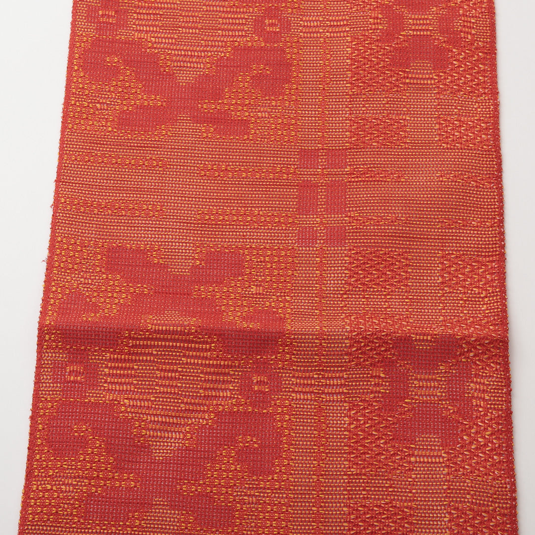 未使用品 八寸名古屋帯 (夏帯) Nランク 帯丈64cm 正絹 六通 名古屋仕立て 織り カジュアル 幾何学柄 朱系 GP 1245-02167