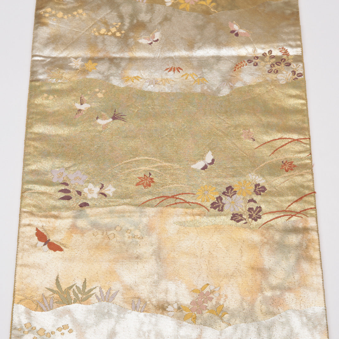 袋帯 帯丈428cm 正絹 六通 フォーマル 花鳥文 吉祥文様 金系 1243-01111