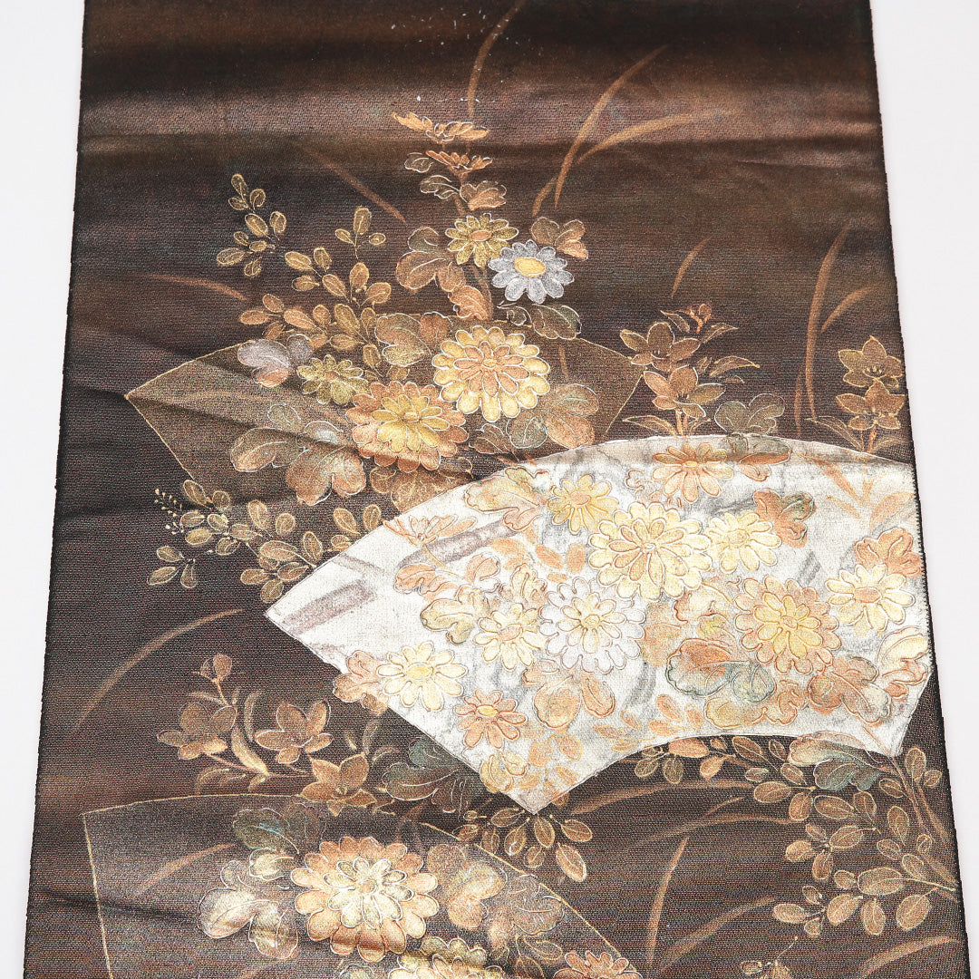 袋帯 帯丈436cm 六通 旭水 菊 作家物 友禅 フォーマル 落款 黒系 正絹 Aランク 1223-01196