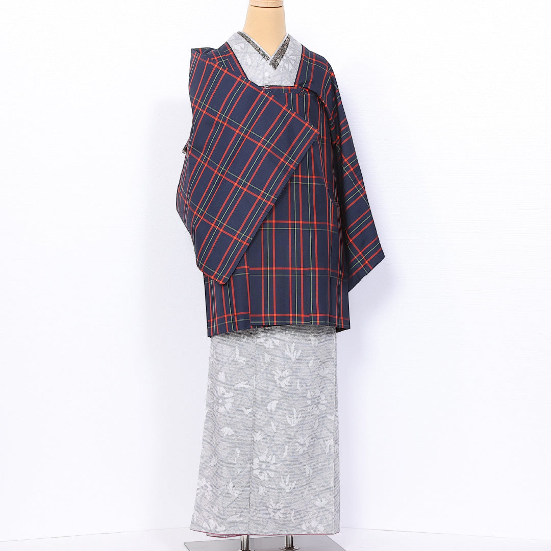 道行コート 身丈84cm 裄丈65.5cm M 正絹 Sランク 袷 紬 ポケットあり 格子 1263-10778