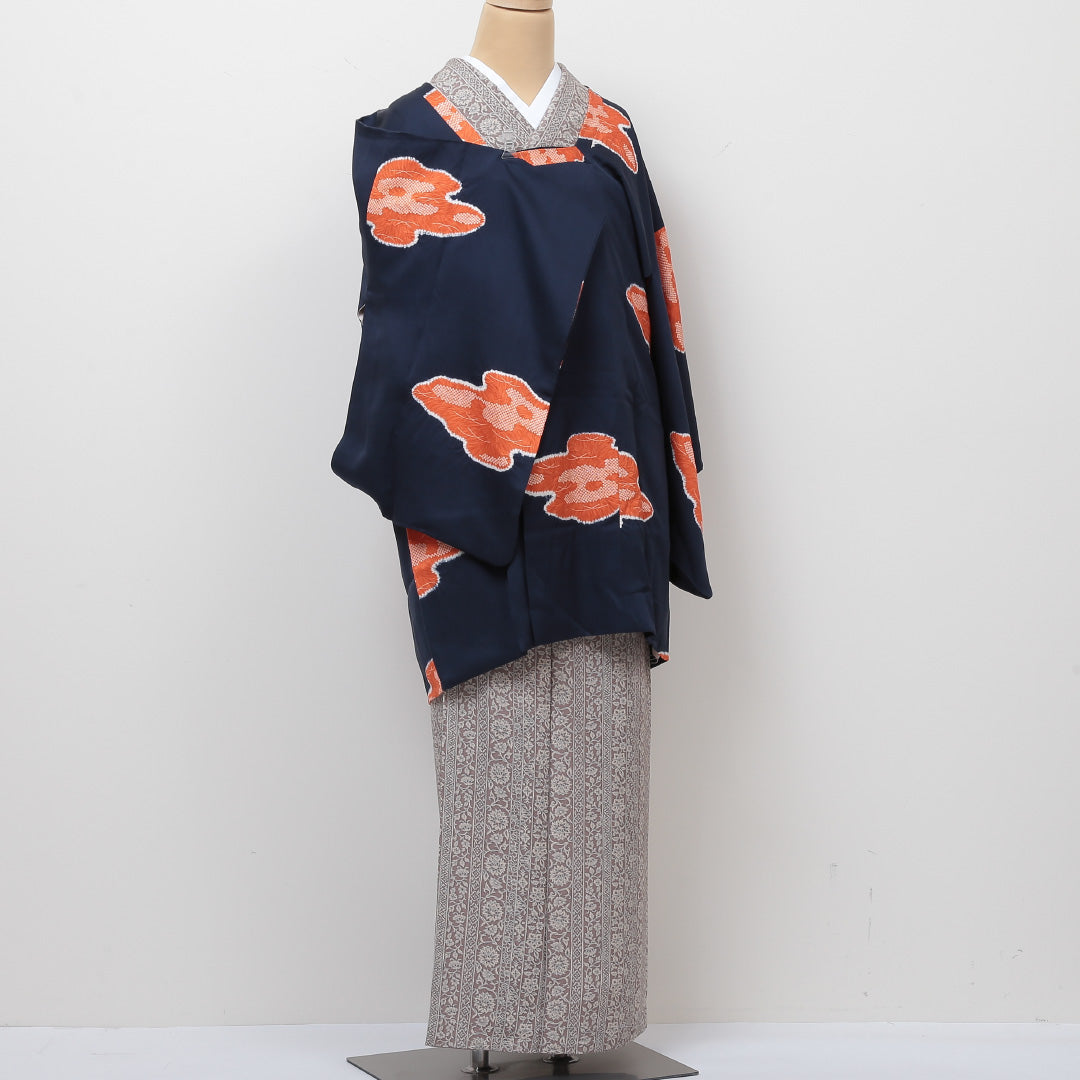 道行コート 袷 身丈87cm 裄丈62cm 正絹 Sランク Sサイズ フォーマル 雲取り 紺系 1263-05679