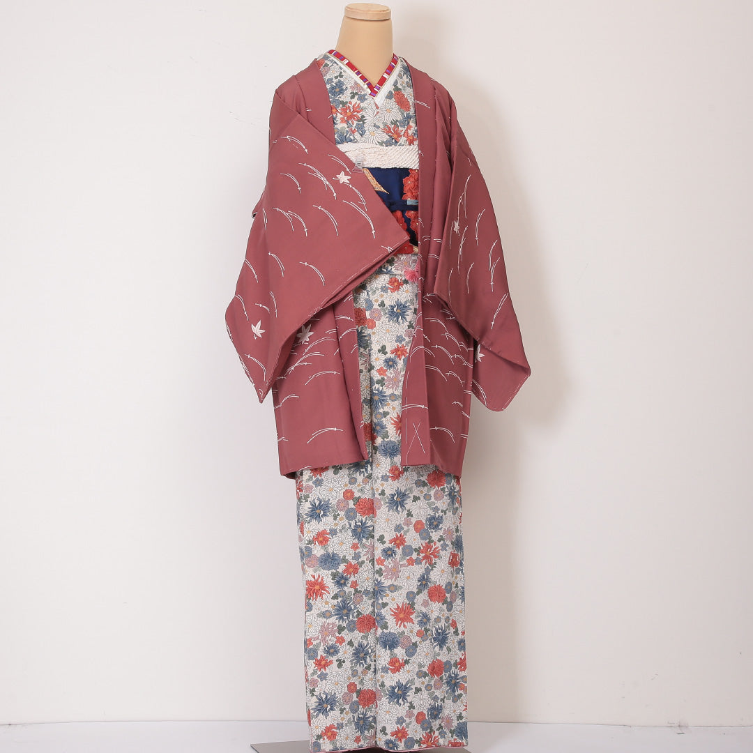 羽織 袷 身丈83cm 裄丈64cm 正絹 Sランク カジュアル Mサイズ 紅葉 茶系 RP 1232-05794