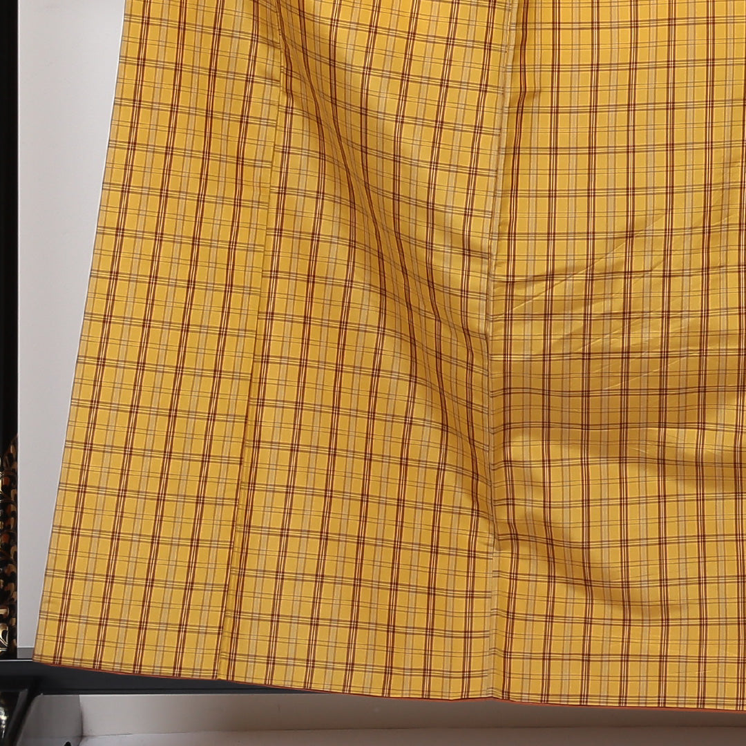 紬 袷 身丈161cm 裄丈63cm 正絹 黄八丈風 Bランク Lサイズ 広衿 カジュアル 格子 黄系 1216-03017