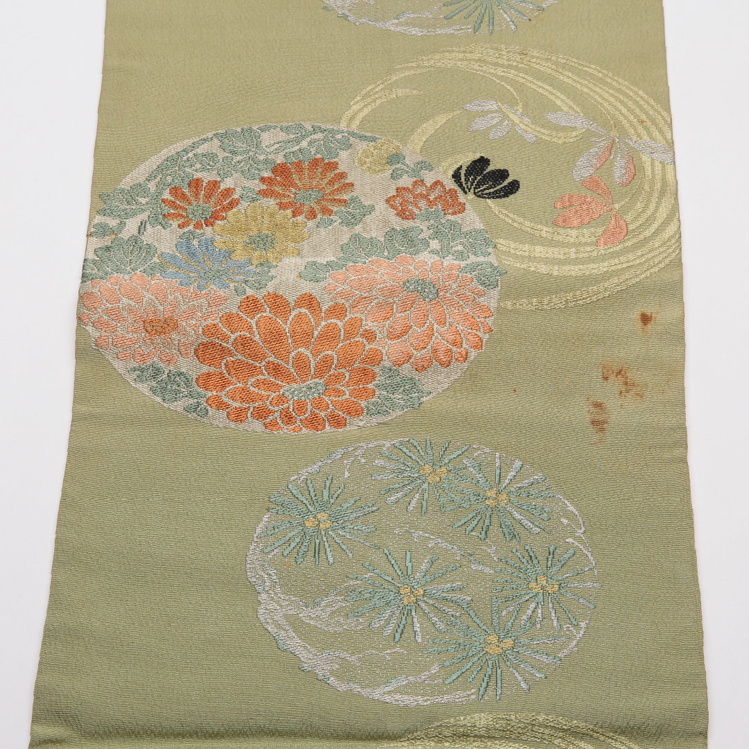 アンティーク 九寸名古屋帯 Cランク 帯丈334cm 正絹 六通 名古屋仕立て 染め ちりめん 菊 緑系 M4 1245-01794