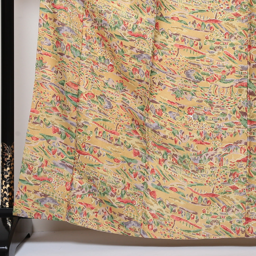 小紋 洗える着物 袷 身丈161cm 裄丈64cm ポリエステル Aランク Lサイズ 広衿 インフォーマル 茶屋辻 黄系 1215-01596