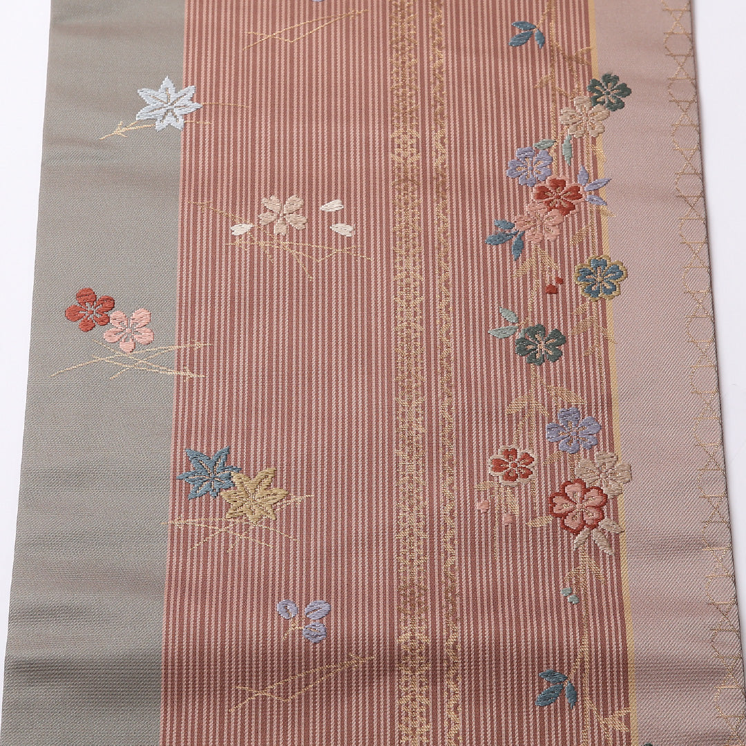九寸名古屋帯 Sランク 帯丈356cm 正絹 六通 名古屋仕立て 織り インフォーマル 桜 楓 梅 茶系 RP 1245-02708