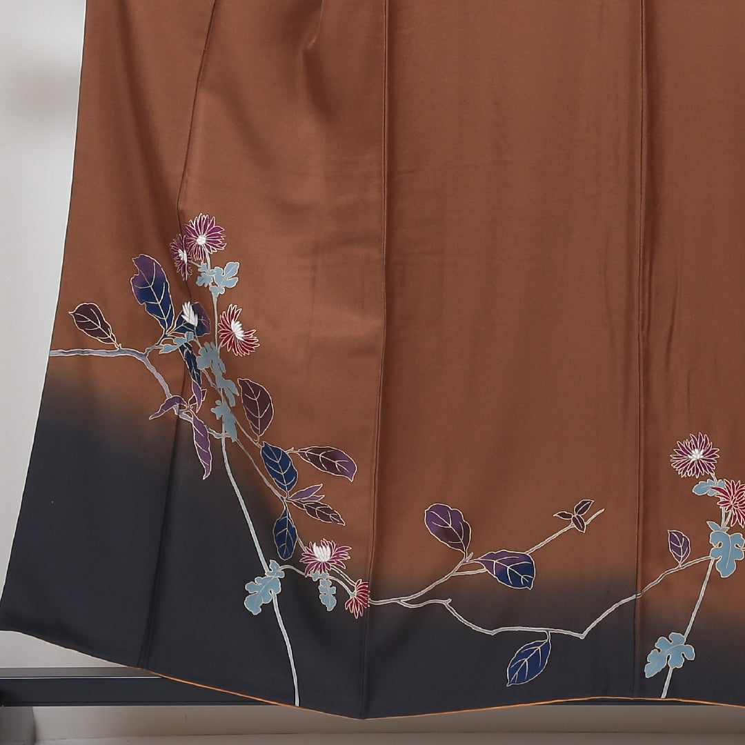 訪問着 袷 身丈158cm 裄66cm 草野一騎 正絹 茶系 Aランク 作家物 部分絞り 落款 1212003593314