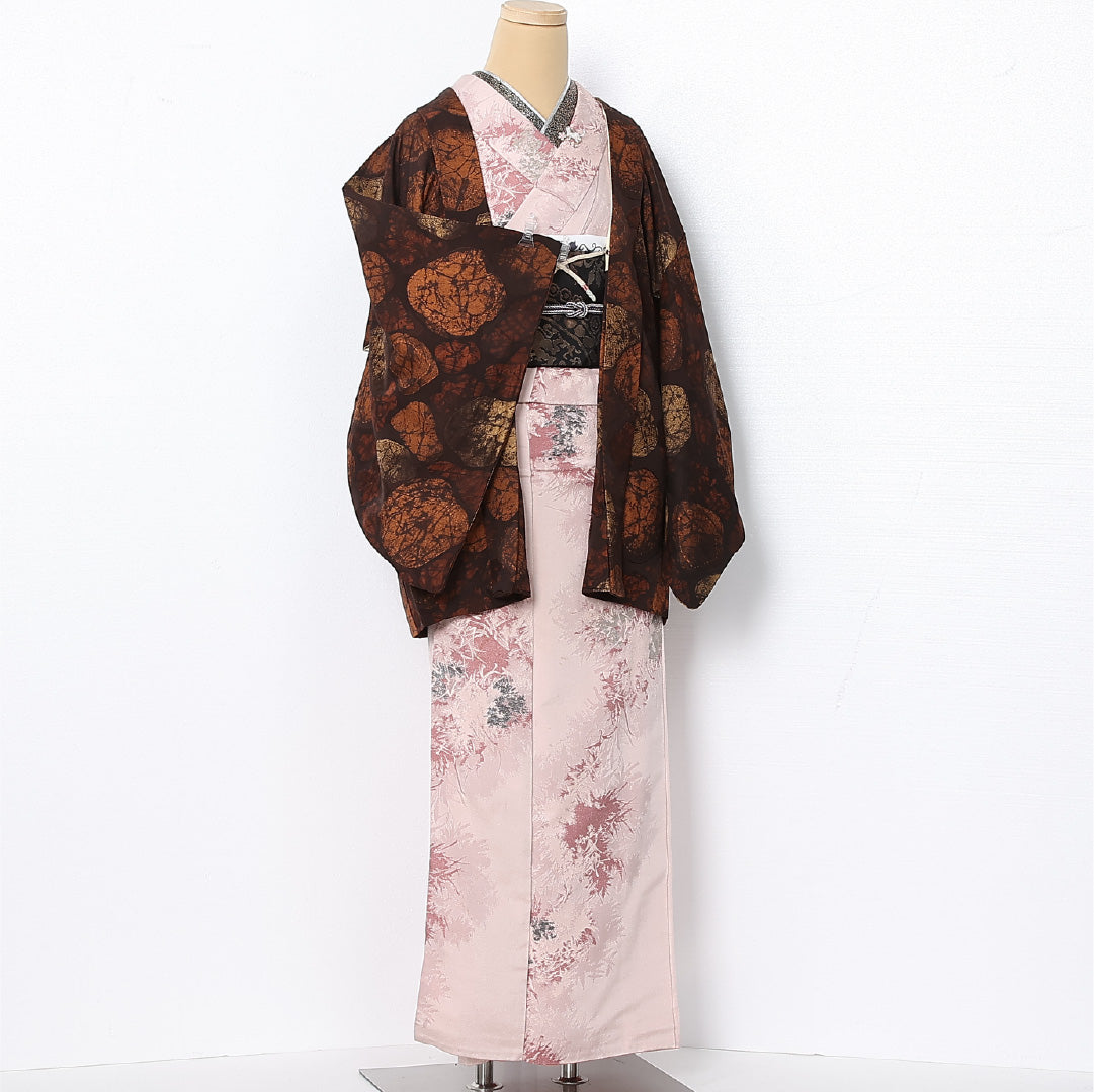 羽織 袷 身丈77cm 裄丈64cm 正絹 Sランク カジュアル Mサイズ 紐あり 創作柄 茶系 RP 1232-12803