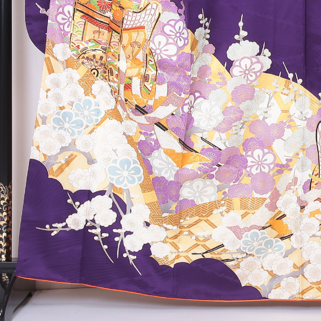 振袖 身丈163cm 裄丈66cm Aランク 袷 正絹 広衿 御所車 吉祥文様 梅 大正ロマン 1213-F0057