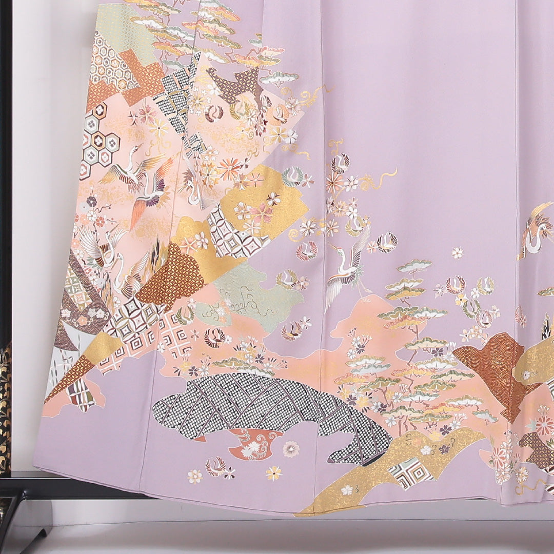 色留袖 袷 身丈156cm 裄65cm 正絹 三つ紋 切嵌め 吉祥文様 花喰い鳥 蘇州刺繡 丸に剣片喰 紫系 Aランク 1211-00153